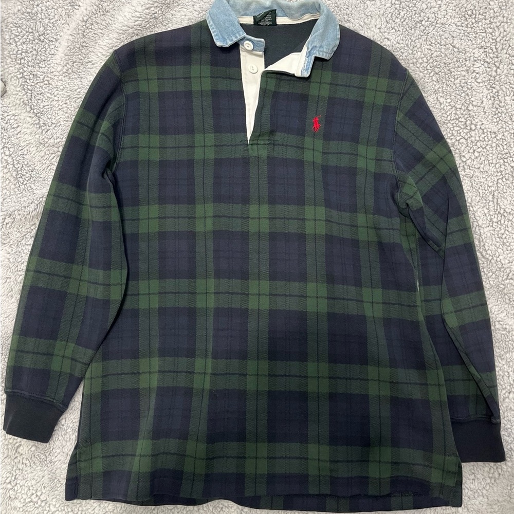 Vintage Ralph Lauren Boy’s Navy and Green Plaid Button Shirt. Youth M